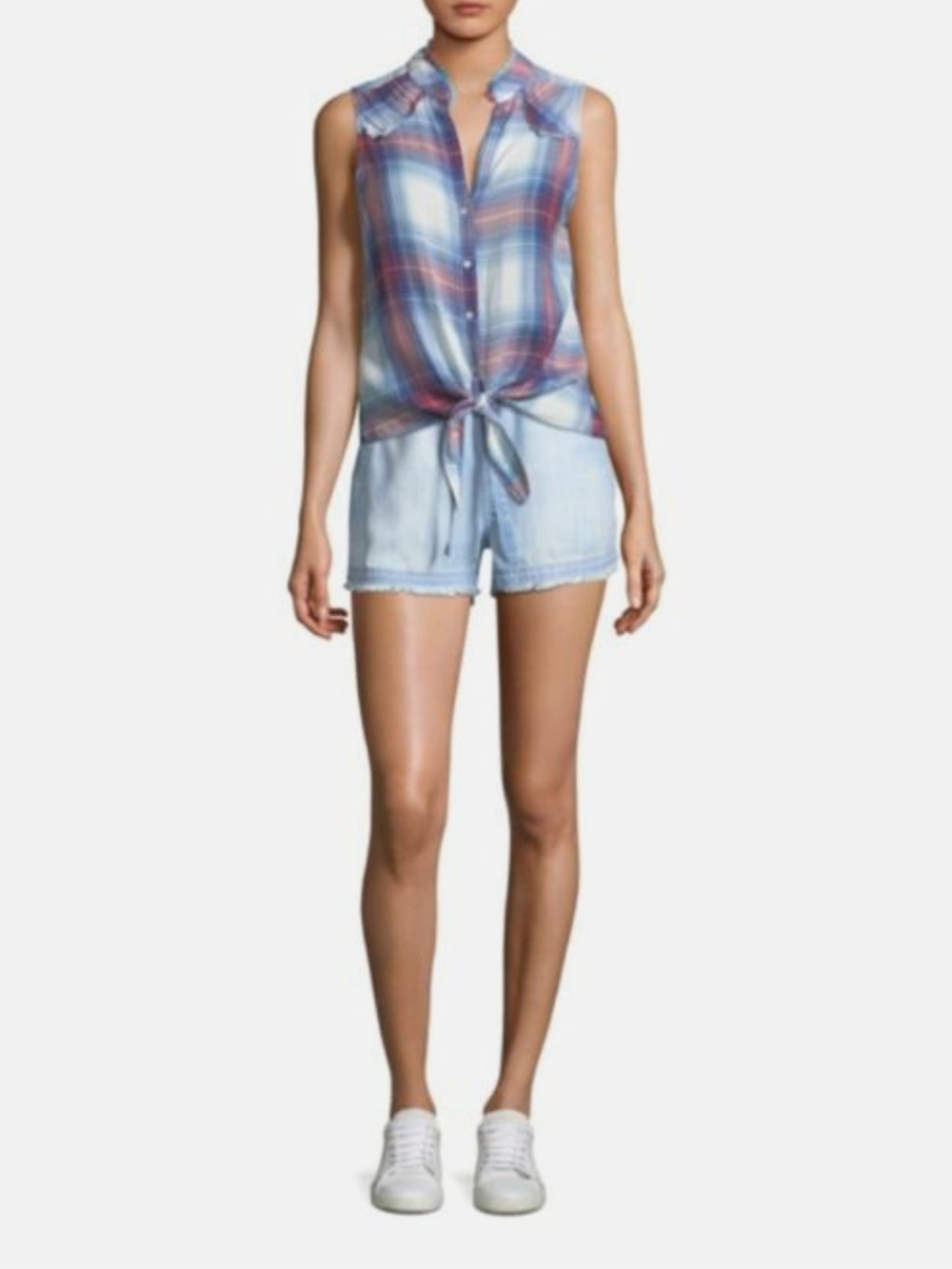 Cloth & Stone Plaid Sleeveless Tie Front Button Down Tank Sunglow Indigo Medium - Picture 2 of 10